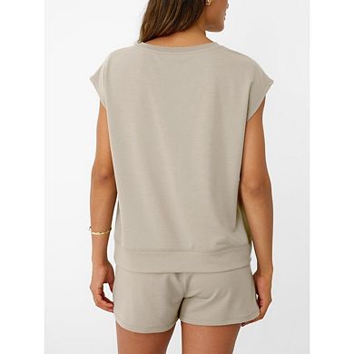 Womens Crew Neck Two Piece Lounge Short Sets Cap Sleeve Drawstring Sweatsuit with Pocket