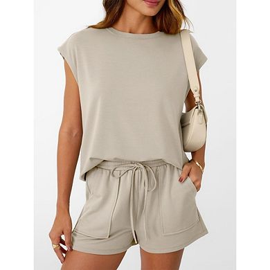 Womens Crew Neck Two Piece Lounge Short Sets Cap Sleeve Drawstring Sweatsuit with Pocket