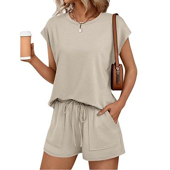 Womens Crew Neck Two Piece Lounge Short Sets Cap Sleeve Drawstring Sweatsuit with Pocket