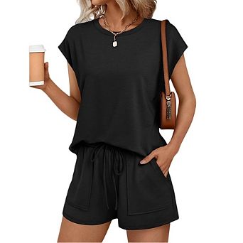 Womens Crew Neck Two Piece Lounge Short Sets Cap Sleeve Drawstring Sweatsuit with Pocket