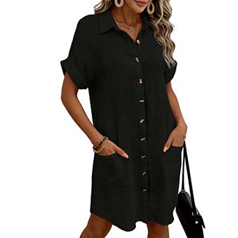 Women's Short Sleeve Button Down Shirt Dress with Pockets - Collared Crinkled Casual Summer Dress