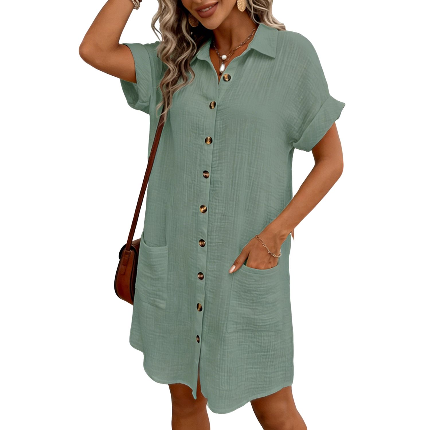 Женские платья Short Sleeve Button Down Shirt Dress with Pockets - Collared Crinkled Casual Summer Dress