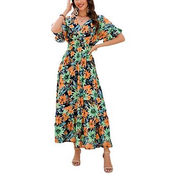 Women's Floral Short Sleeve Midi Dress Casual Elegant V Neck Smock Waist Flowy Dress