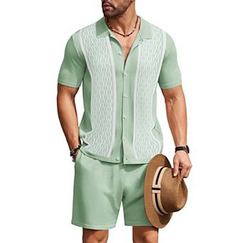 COOFANDY Men's 2 pc Shirt Sets Vintage Knit Short Sleeve Button Down Polo Shirts Shorts Outfits