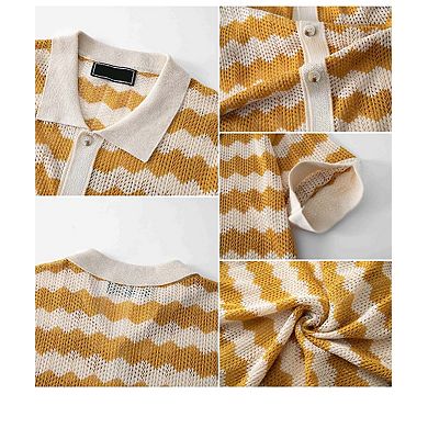Men's American Style Hollow Jacquard Wave Knit Short Sleeve Shirt