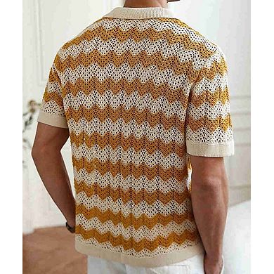 Men's American Style Hollow Jacquard Wave Knit Short Sleeve Shirt
