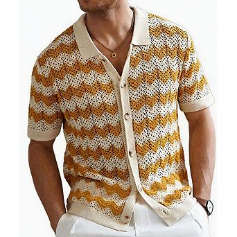 Men's American Style Hollow Jacquard Wave Knit Short Sleeve Shirt