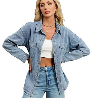 Women's Denim Button Down Shirt with Long Sleeve Jean Lightweight Shacket