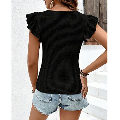Women's V Neck Waffle Knit Top Ruffled Flutter Sleeve Fitting Casual Shirts