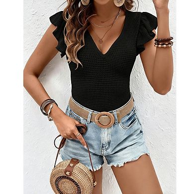 Women's V Neck Waffle Knit Top Ruffled Flutter Sleeve Fitting Casual Shirts