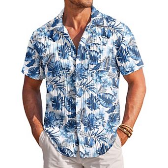 Men's Ribbed Short Sleeve Button-Down Hawaiian Shirt - Casual Vacation Top