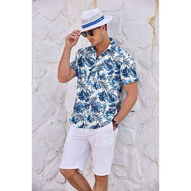 Men's Ribbed Short Sleeve Button-Down Hawaiian Shirt - Casual Vacation Top