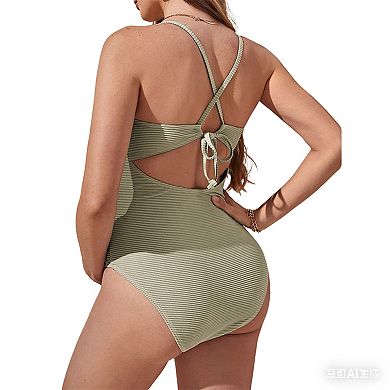 Women's Maternity Ribbed One Piece Swimsuit with Ruffle Trim Cutout Back Bathing Suit