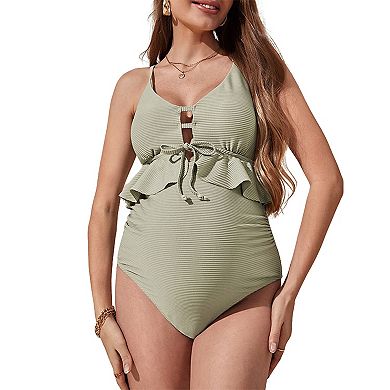 Women's Maternity Ribbed One Piece Swimsuit with Ruffle Trim Cutout Back Bathing Suit