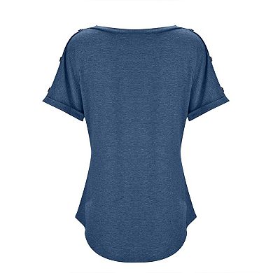 Women's V Neck Short Sleeve T-Shirt with Button Shoulder Casual Loose Fit Top