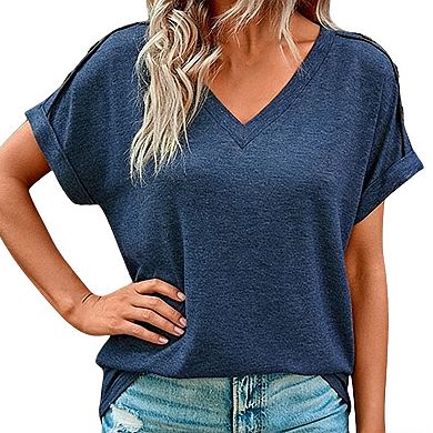 Women's V Neck Short Sleeve T-Shirt with Button Shoulder Casual Loose Fit Top