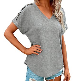 Women's V Neck Short Sleeve T-Shirt with Button Shoulder Casual Loose Fit Top