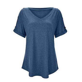 Women's V Neck Short Sleeve T-Shirt with Button Shoulder Casual Loose Fit Top