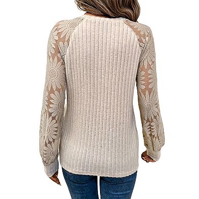 Women's Lace Raglan Sleeve Blouse Ribbed Knit Round Neck Casual Top
