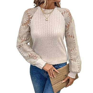 Women's Lace Raglan Sleeve Blouse Ribbed Knit Round Neck Casual Top
