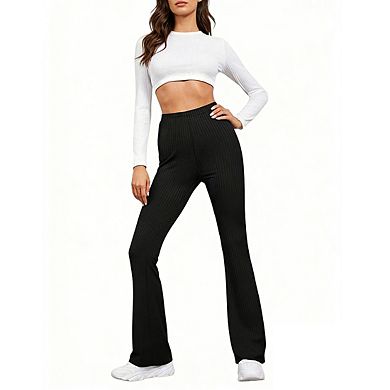 Women's High Waisted Ribbed Bootcut Pants Elastic Waist Bootcut Leg Long Pants