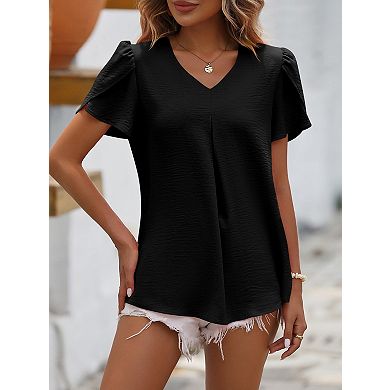 Women's Casual V-Neck Chiffon Blouse with Petal Sleeves