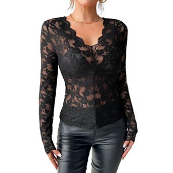 Women's Floral Lace V Neck Long Sleeve Summer Top Casual Scalloped Slim Fitted Blouse Shirt