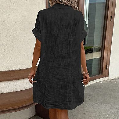 Women's Button Down Shirt Dress with Pockets Short Sleeve Collared Casual Summer Dress