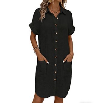 Women's Button Down Shirt Dress with Pockets Short Sleeve Collared Casual Summer Dress