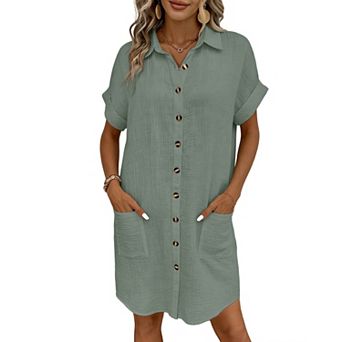 Women's Button Down Shirt Dress with Pockets Short Sleeve Collared Casual Summer Dress