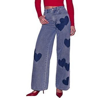 Women's Heart Patch Wide Leg Jeans - High Waisted Relaxed Fit Denim Pantsfor Casual Everyday
