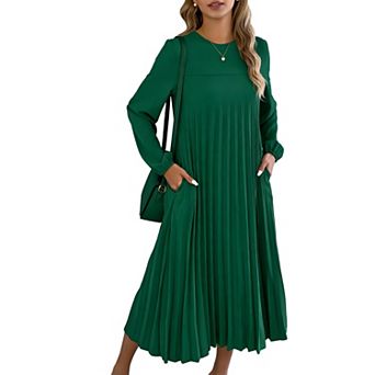Women's Long Sleeve Pleated Midi Dress with Pockets - Round Neck Flowy Casual Dress (No Belt)
