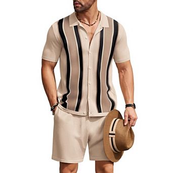 COOFANDY Men's 2 pc Shirt Sets Vintage Knit Short Sleeve Button Down Polo Shirts Shorts Outfits