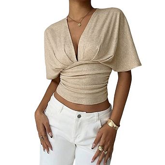 Women's Crop Tops Deep V Neck Fitted Going Out Tops Y2k Short Sleeve T Shirt