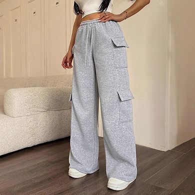 Women's Casual Wide Leg Cargo Sweatpants - Drawstring Elastic Waist Lounge Pants with Pockets