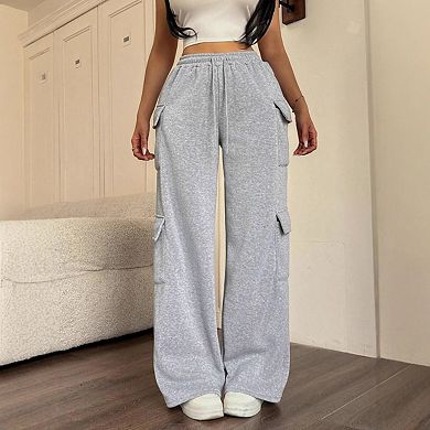 Women's Casual Wide Leg Cargo Sweatpants - Drawstring Elastic Waist Lounge Pants with Pockets