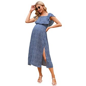 Women's Off Shoulder Ruffle Maternity A-Line Dress for Baby Shower with Side Slit