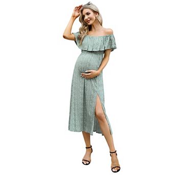 Women's Off Shoulder Ruffle Maternity A-Line Dress for Baby Shower with Side Slit