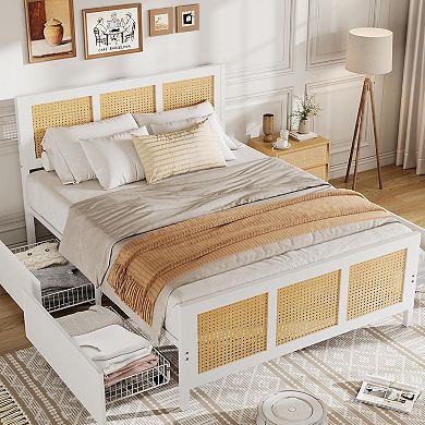 White Rattan Bed Frame with Headboard, Boho Cane Platform Queen Bed Frame with 4 Drawers, Strong