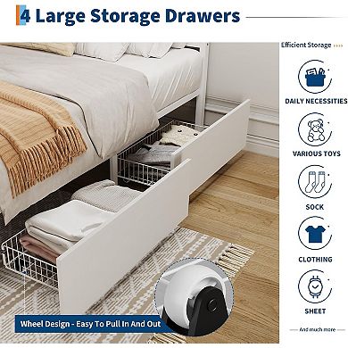 White Rattan Bed Frame with Headboard, Boho Cane Platform Queen Bed Frame with 4 Drawers, Strong