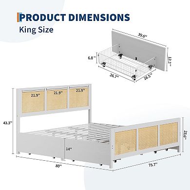 White Rattan Bed Frame with Headboard, Boho Cane Platform Queen Bed Frame with 4 Drawers, Strong