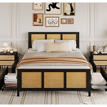 White Rattan Bed Frame with Headboard, Boho Cane Platform Queen Bed Frame with 4 Drawers, Strong
