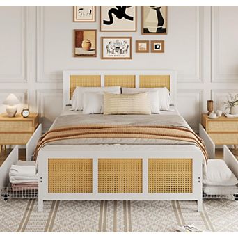 White Rattan Bed Frame with Headboard, Boho Cane Platform Queen Bed Frame with 4 Drawers, Strong