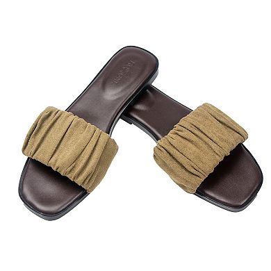 Roxoni Women’s Ruched Fabric Slide Sandals Open-Toe Flats with Cushioned Heel