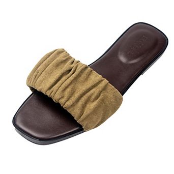 Roxoni Women’s Ruched Fabric Slide Sandals Open-Toe Flats with Cushioned Heel