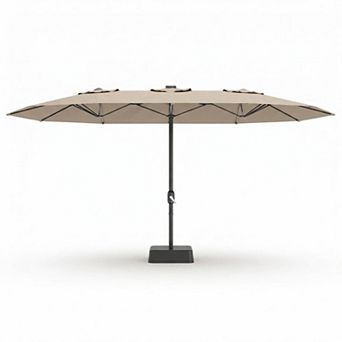 15FT Triple Patio Umbrella with Base, UV Resistant Outdoor Umbrella, Crank Lift Vented Canopy