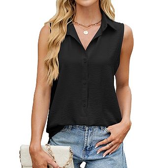 Women's Casual Sleeveless Collared Blouse Lightweight Chiffon Button Down Tank Tops