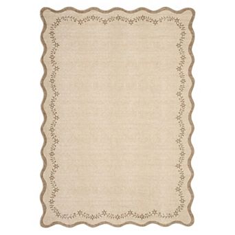 Garvee Solid Scalloped Floral Border Washable Area Rug Low Pile Non Slip Rug for Living Room Dining