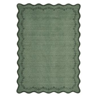 Garvee Solid Scalloped Floral Border Washable Area Rug Low Pile Non Slip Rug for Living Room Dining