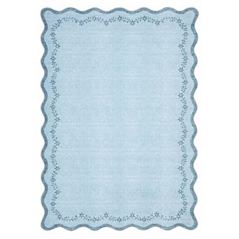 Garvee Solid Scalloped Floral Border Washable Area Rug Low Pile Non Slip Rug for Living Room Dining